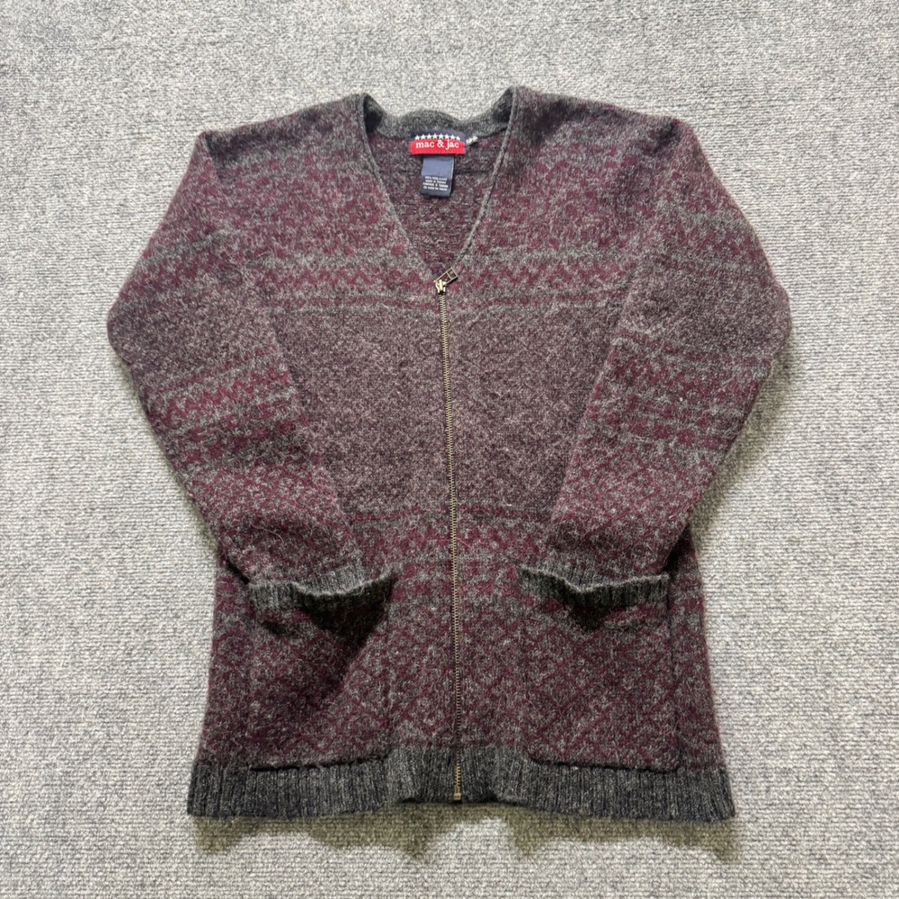 VTG Mac & Jac Sweater Women's Small Full Zip 100% Wool Patterned Cardigan
